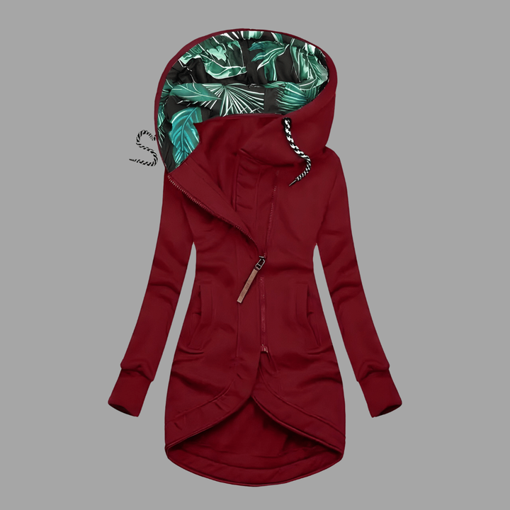 Weinrote Kapuzenjacke mit tropischem Blattprint und diagonalem Reißverschluss