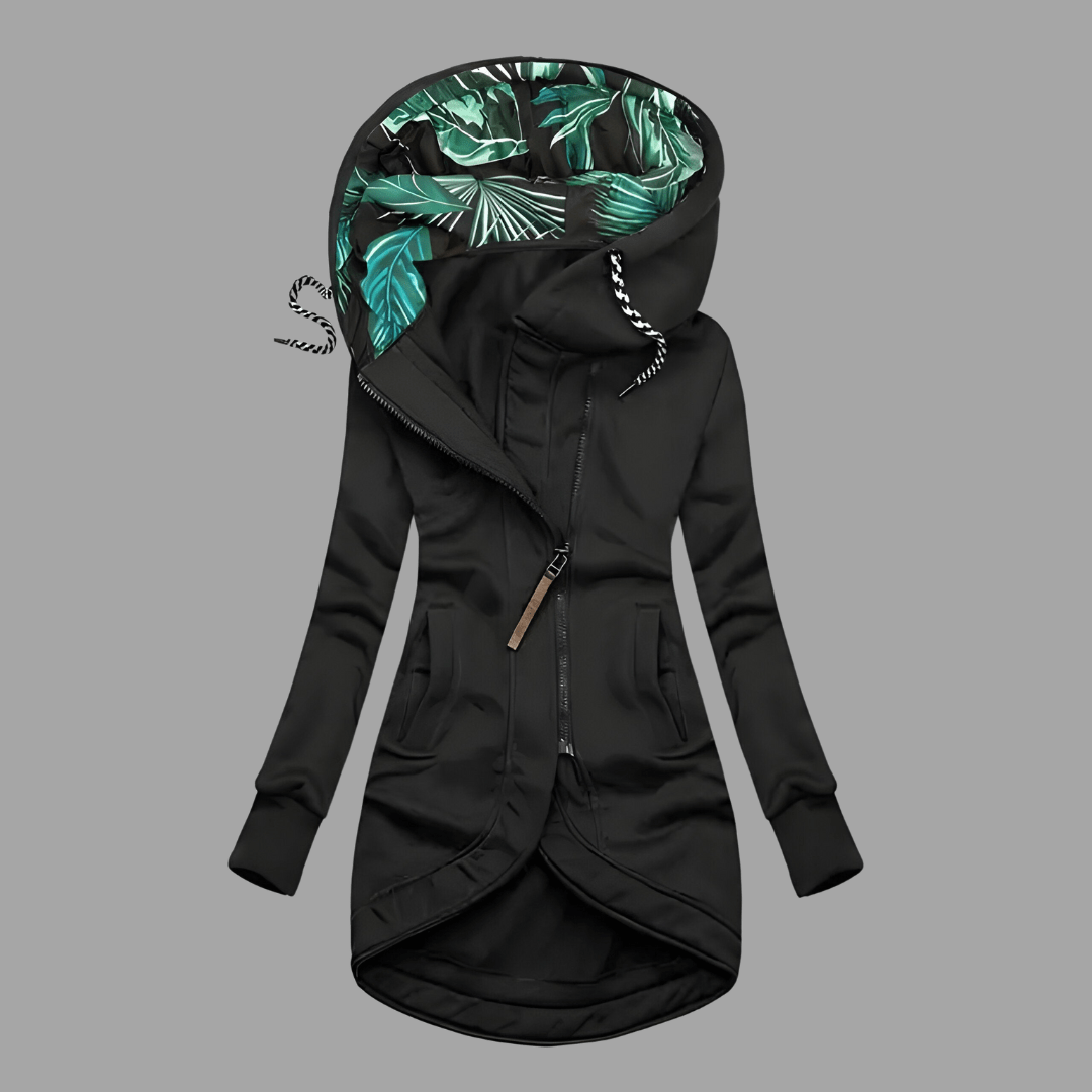 Schwarze Damen-Winterjacke mit Kapuze, grünem Blattprint-Futter und Rippbündchen