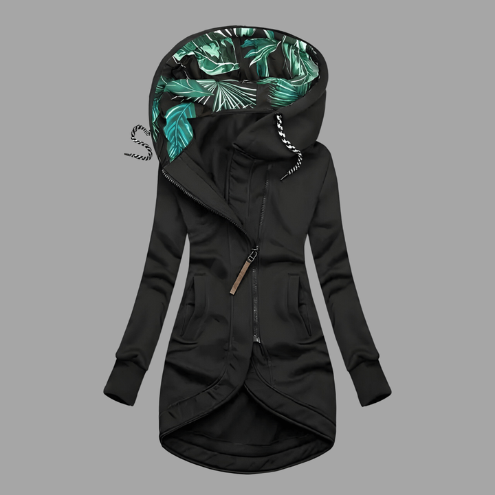 Schwarze Damen-Winterjacke mit Kapuze, grünem Blattprint-Futter und Rippbündchen