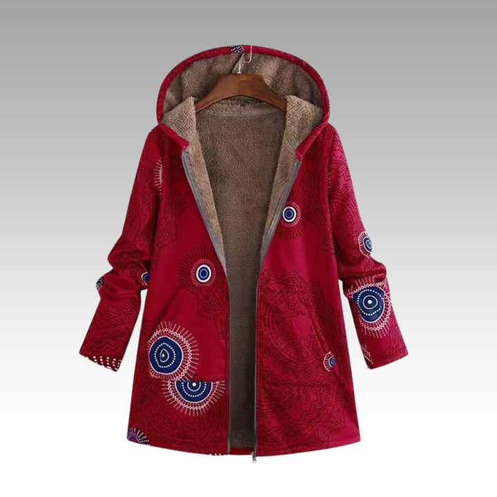 Winterjacke mit Kapuze in Rot mit Boho-Print und Fleece-Futter