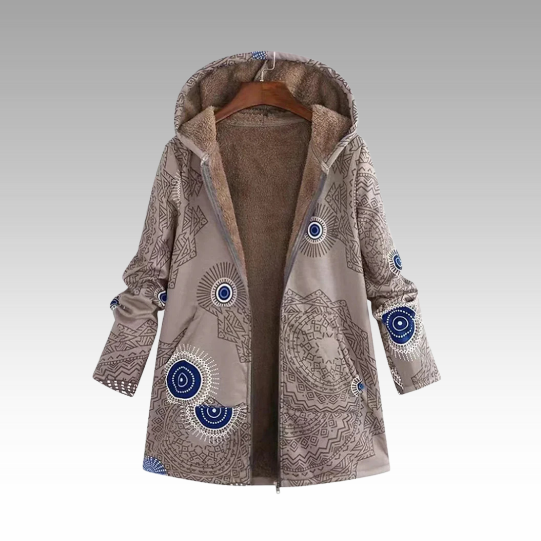 Kapuzenjacke in Beige mit ethnischem Mandala-Muster und Kunstfell-Innenfutter