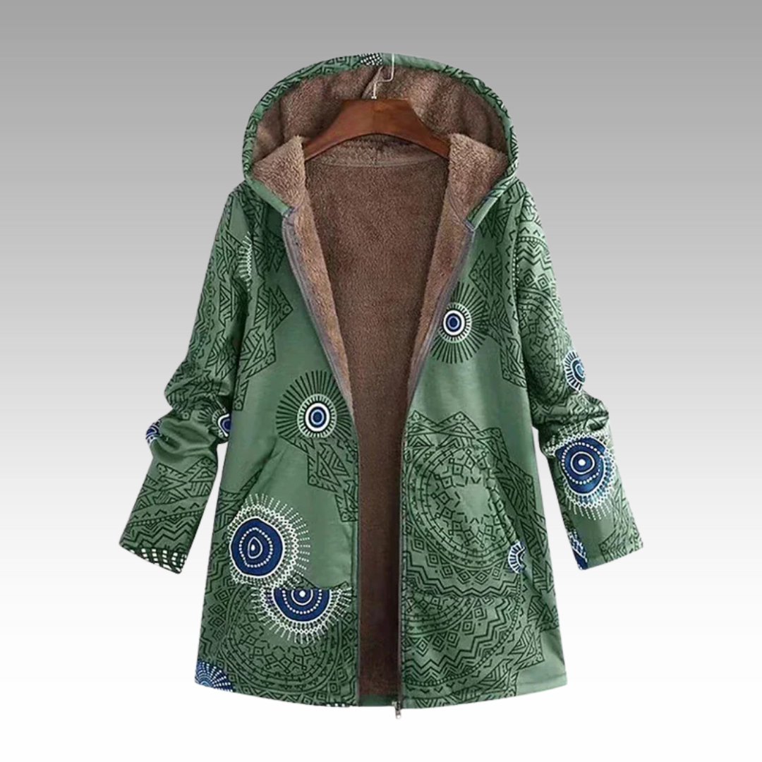 Boho-Winterjacke in Grün mit Kapuze und warmem Fleece-Futter