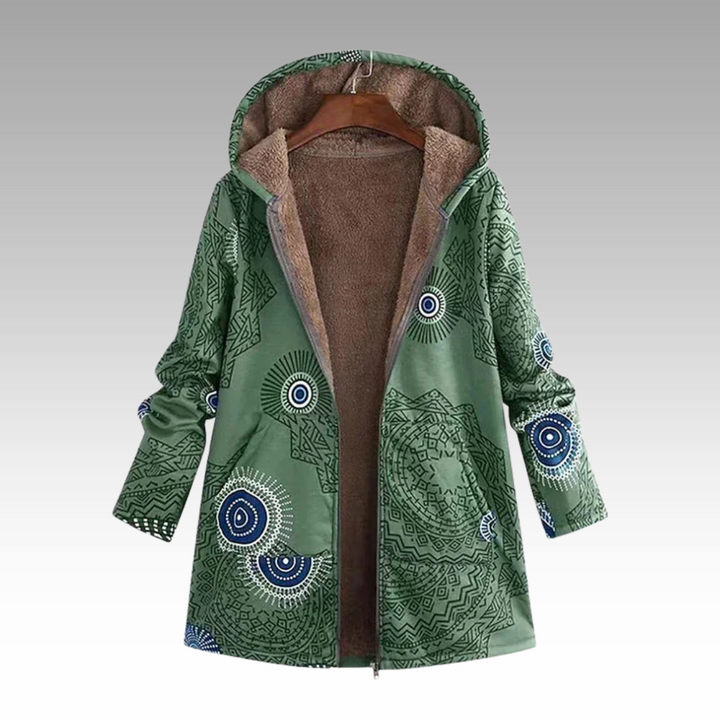 Boho-Winterjacke in Grün mit Kapuze und warmem Fleece-Futter