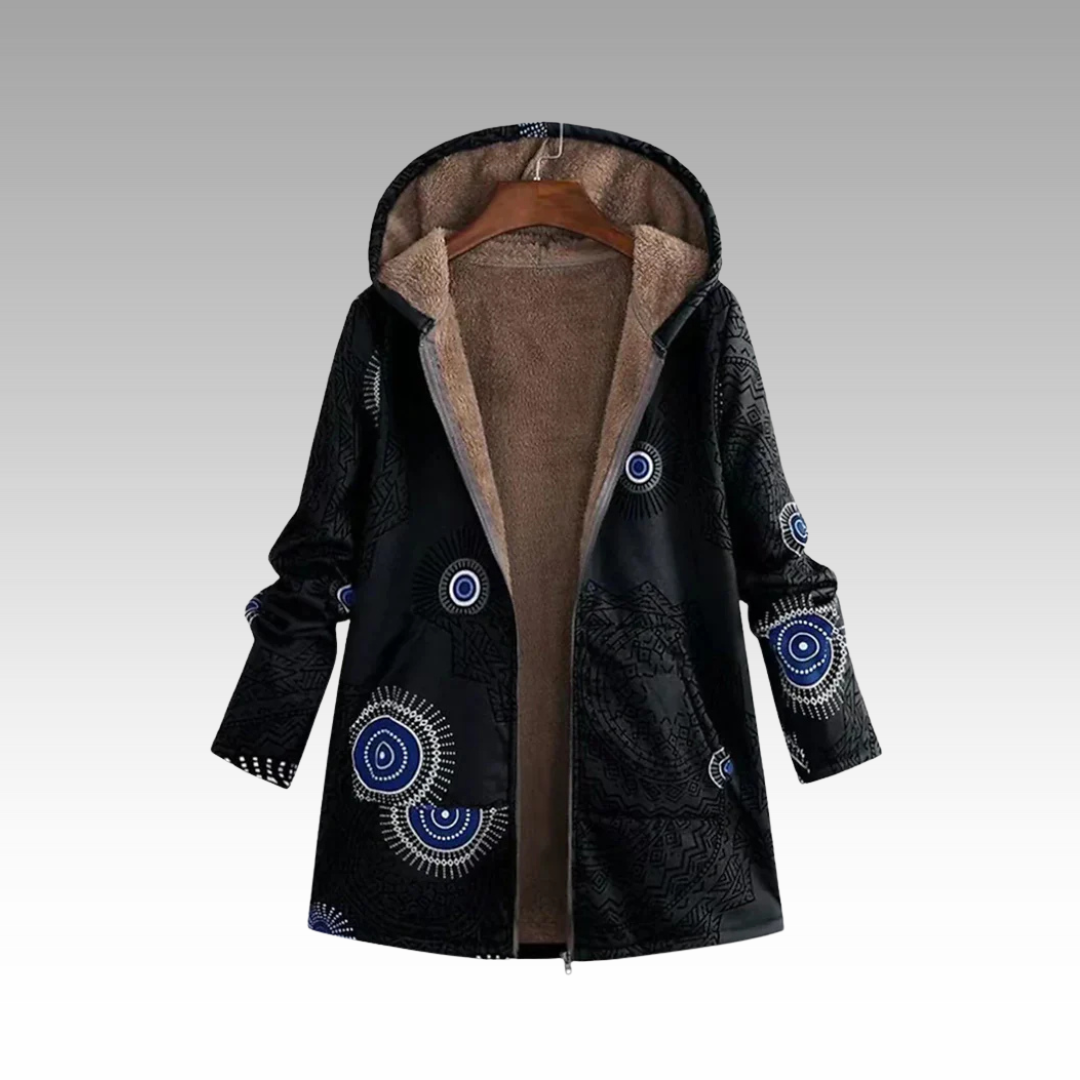 Schwarze Kapuzenjacke mit Ethno-Print und flauschigem Innenfutter