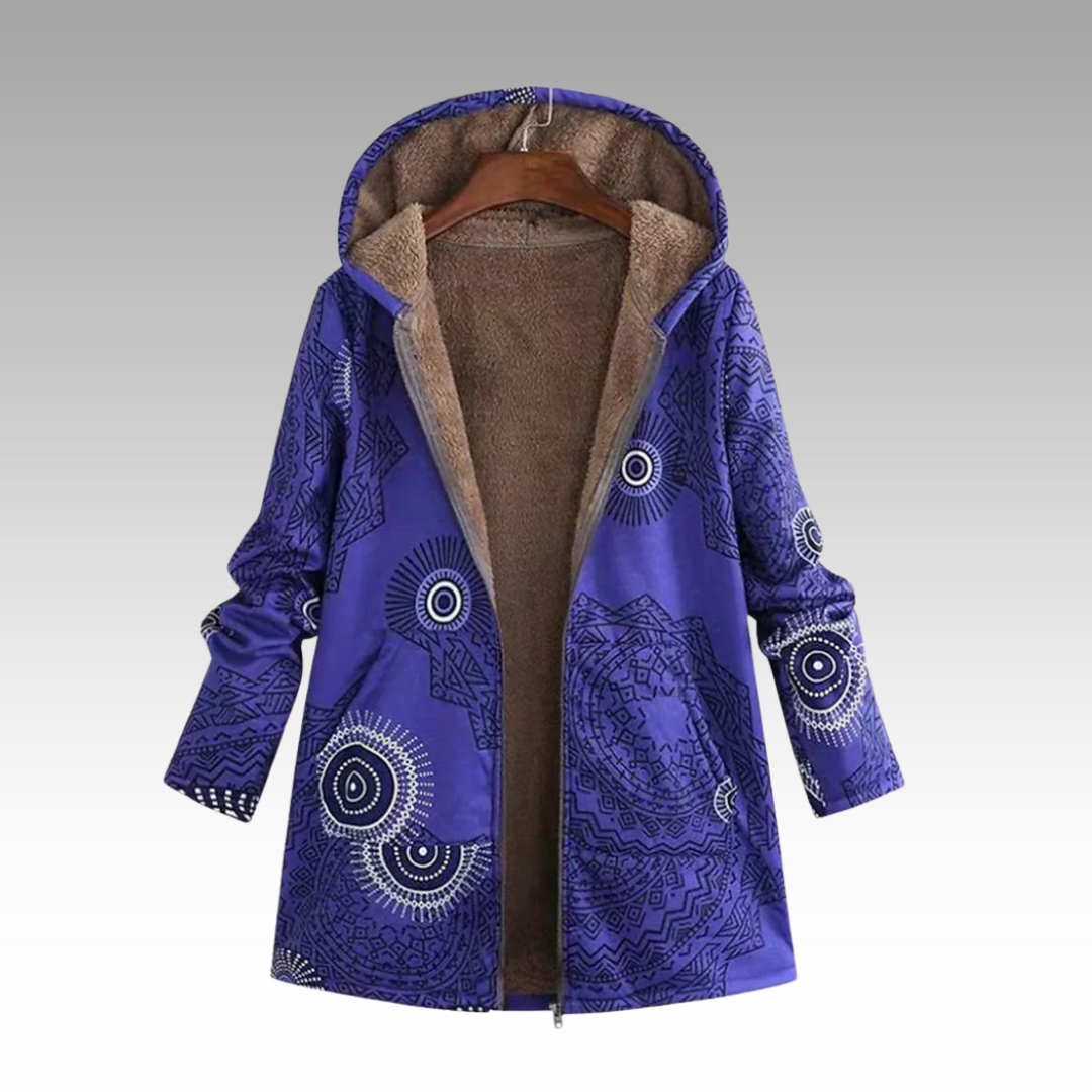 Winterjacke in Blau mit Kapuze, Boho-Muster und kuscheligem Futter