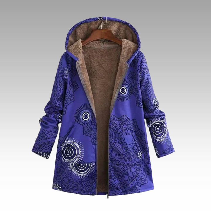 Winterjacke in Blau mit Kapuze, Boho-Muster und kuscheligem Futter