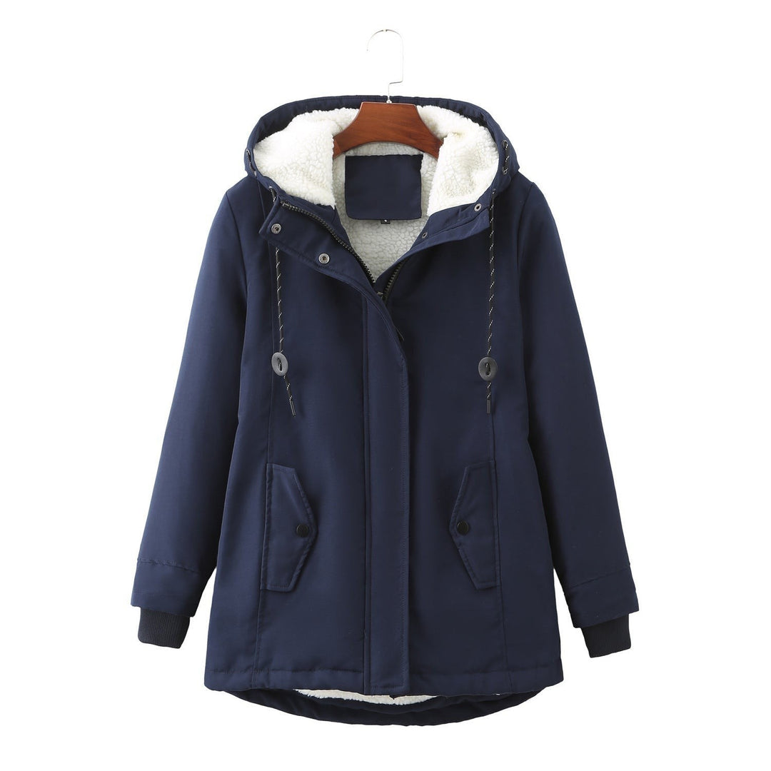 Dunkelblaue Damenjacke mit Fellkapuze und Kordelzug