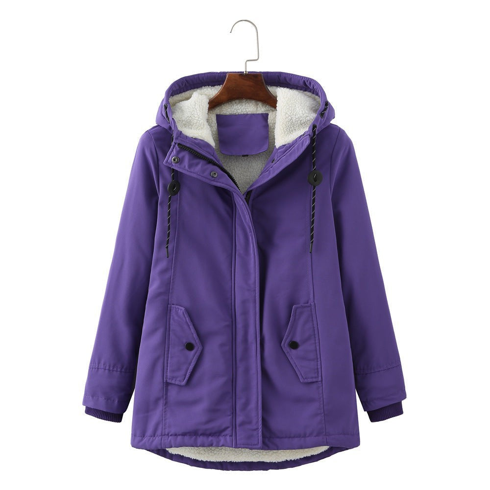 Violette Winterjacke mit Kapuze und flauschigem Innenfutter