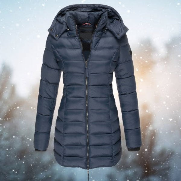 Dunkelblaue gesteppte Winterjacke mit Kapuze und Rippbündchen