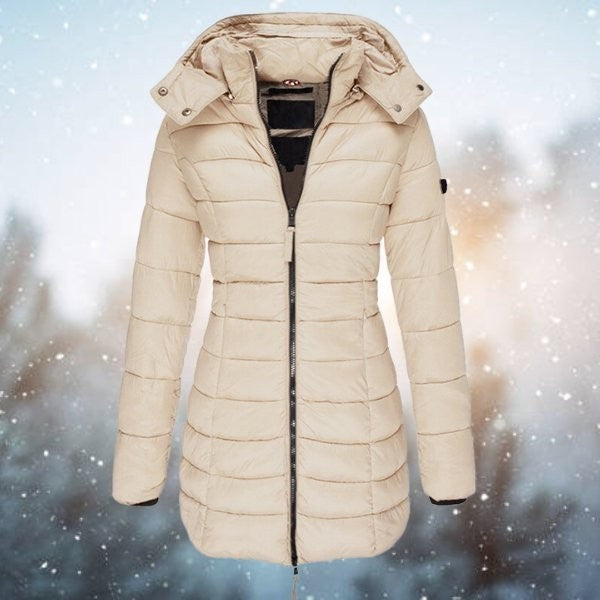 Beige wattierte Winterjacke mit Kapuze und Rippbündchen an den Ärmeln