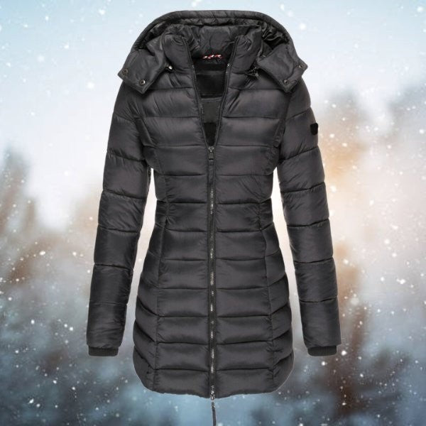 Schwarze wattierte Winterjacke mit Kapuze und Strickbündchen