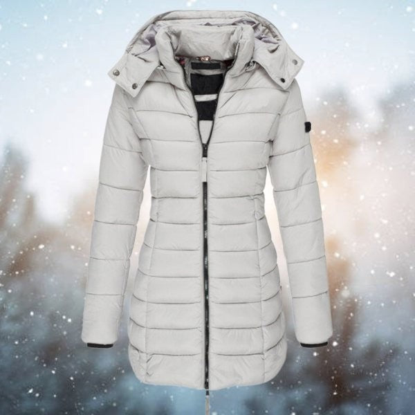 Hellgraue gesteppte Winterjacke mit Kapuze und Rippbündchen