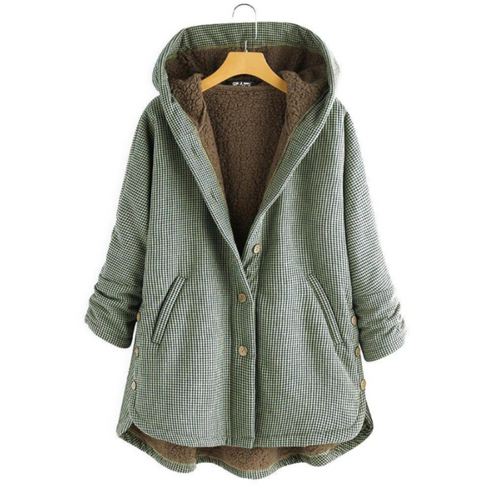 Grün-weiß karierte Winterjacke mit Kapuze und Teddyfutter, lockere Passform