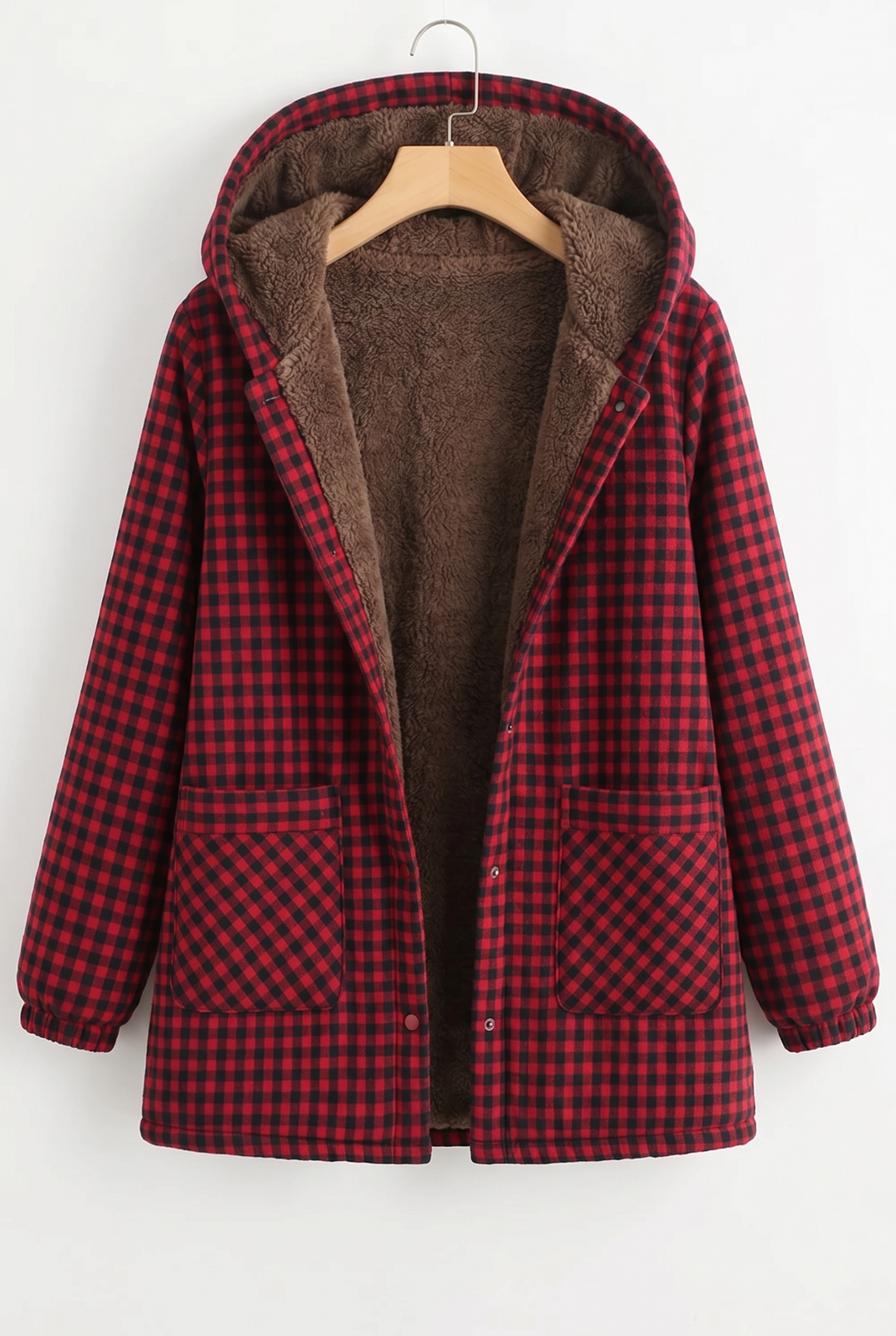 Rot-schwarz karierte Winterjacke mit Kapuze, Knopfleiste und Fronttaschen