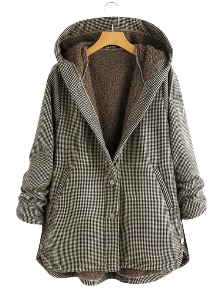 Braun-weiß karierte Kapuzenjacke mit Teddyfutter, lockere Übergröße-Passform