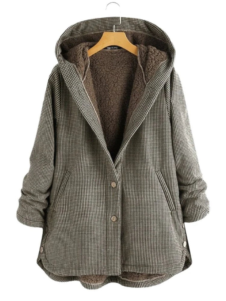 Braun-weiß karierte Kapuzenjacke mit Teddyfutter, lockere Übergröße-Passform