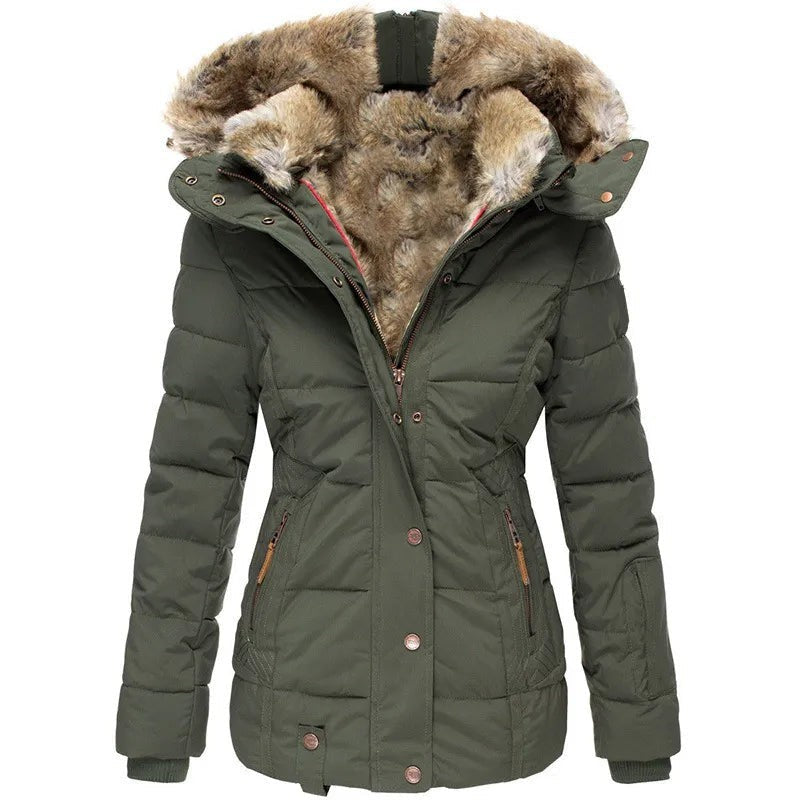 Olivgrüne Damen-Winterjacke mit Fellkapuze und Reißverschluss, gesteppt