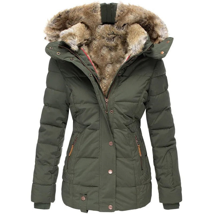 Olivgrüne Damen-Winterjacke mit Fellkapuze und Reißverschluss, gesteppt