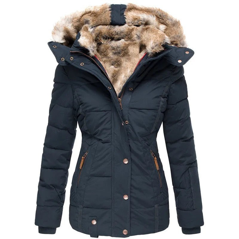 Dunkelblaue gesteppte Winterjacke mit Kunstfellkragen und Kapuze