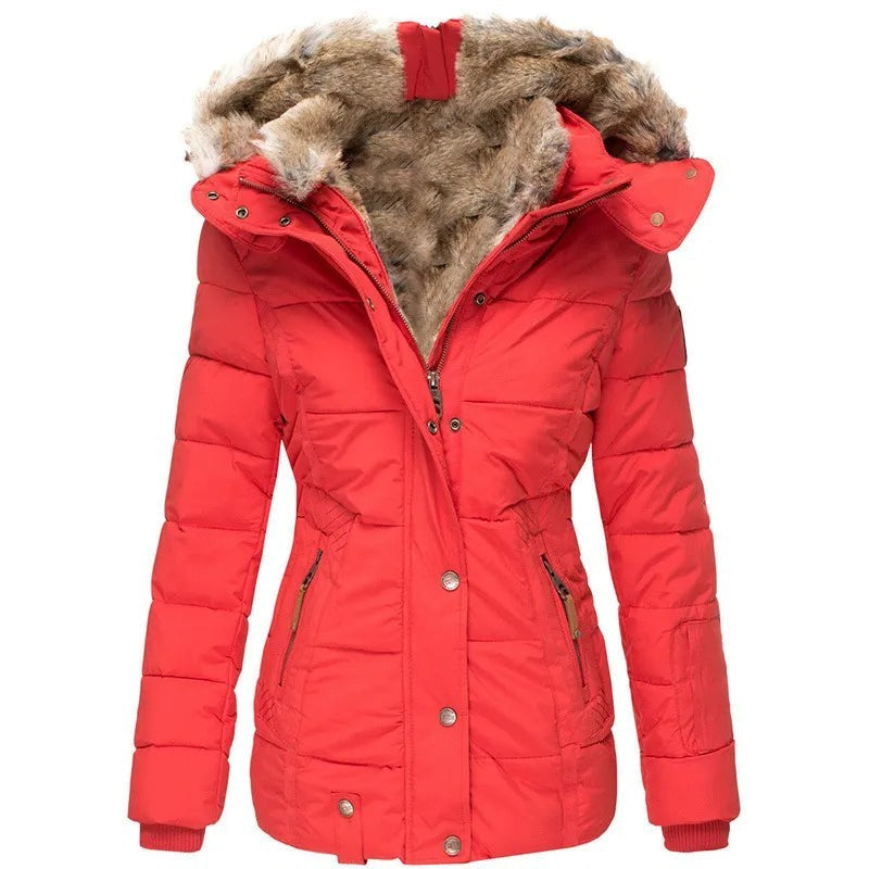 Rote Steppjacke mit Kunstfellkapuze und Druckknopfverschluss vorne