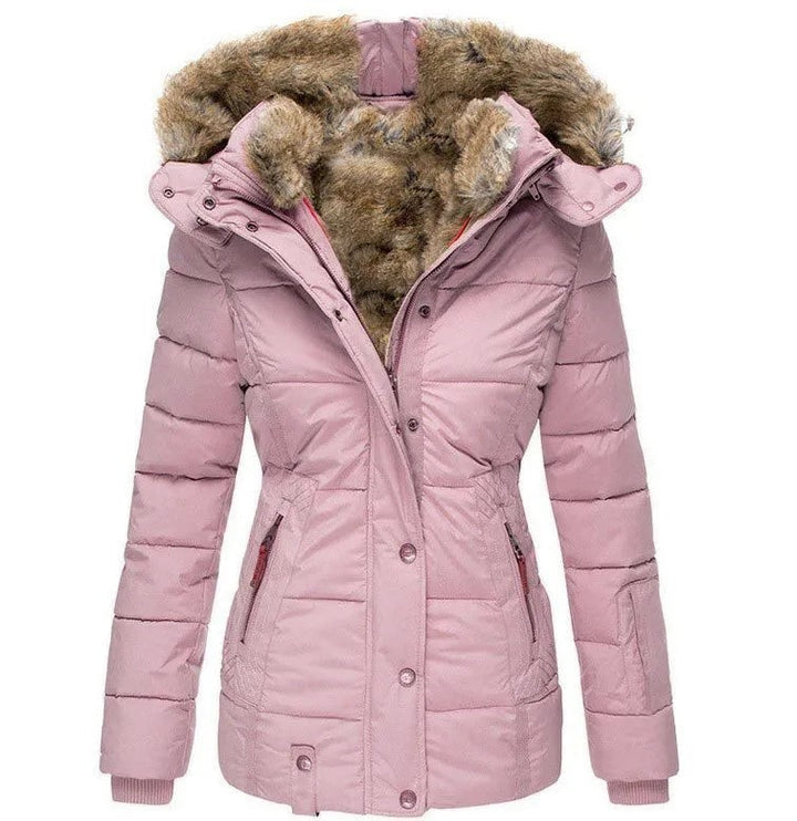 Rosa Damenjacke mit flauschiger Fellkapuze und Taillenpassform