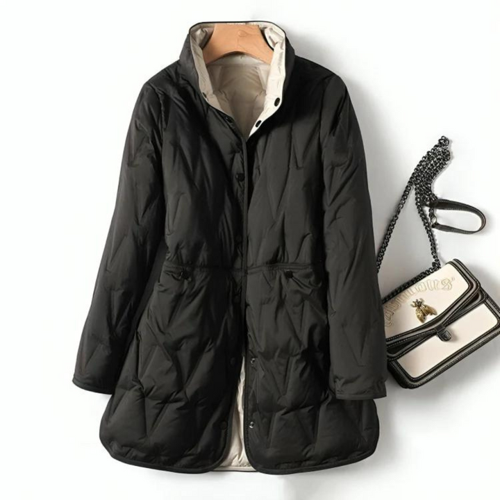 Schwarze Steppjacke mit Stehkragen und taillierter A-Linien-Silhouette