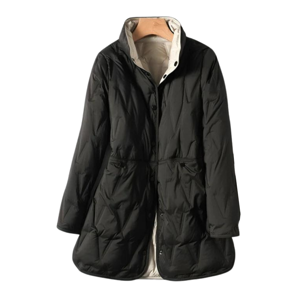 Schwarze Winterjacke mit hellem Innenfutter und Stehkragen