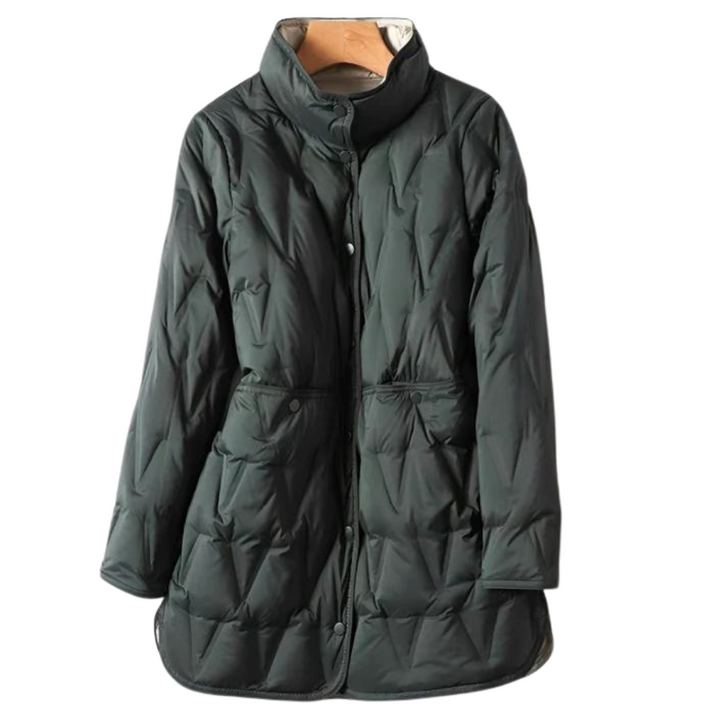 Dunkelgrüne Steppjacke mit Stehkragen und A-Linien-Schnitt