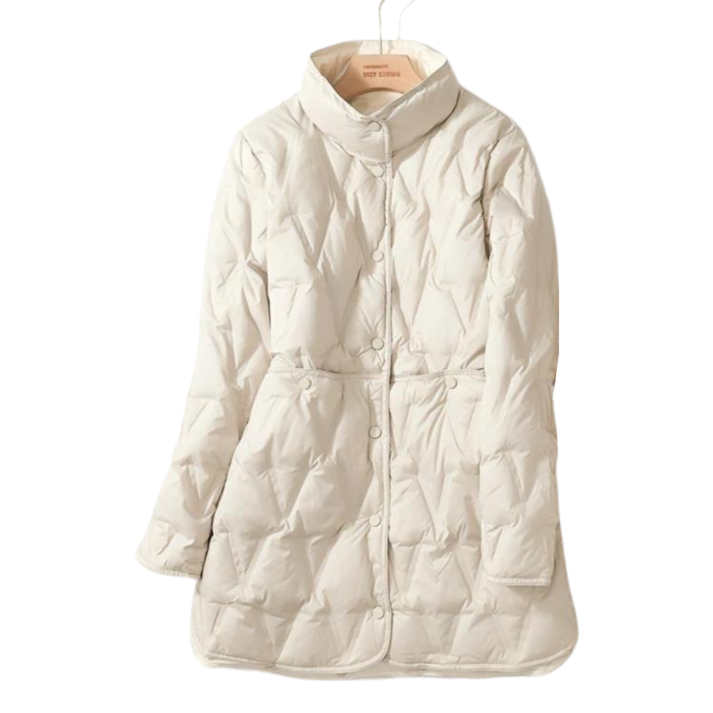 Cremeweiße Winterjacke mit Stehkragen und taillierter A-Linie