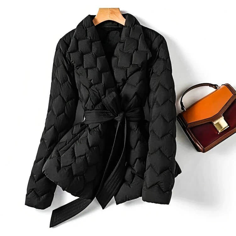 Schwarze Steppjacke mit Schalkragen und Taillengürtel, gestepptes Wabenmuster