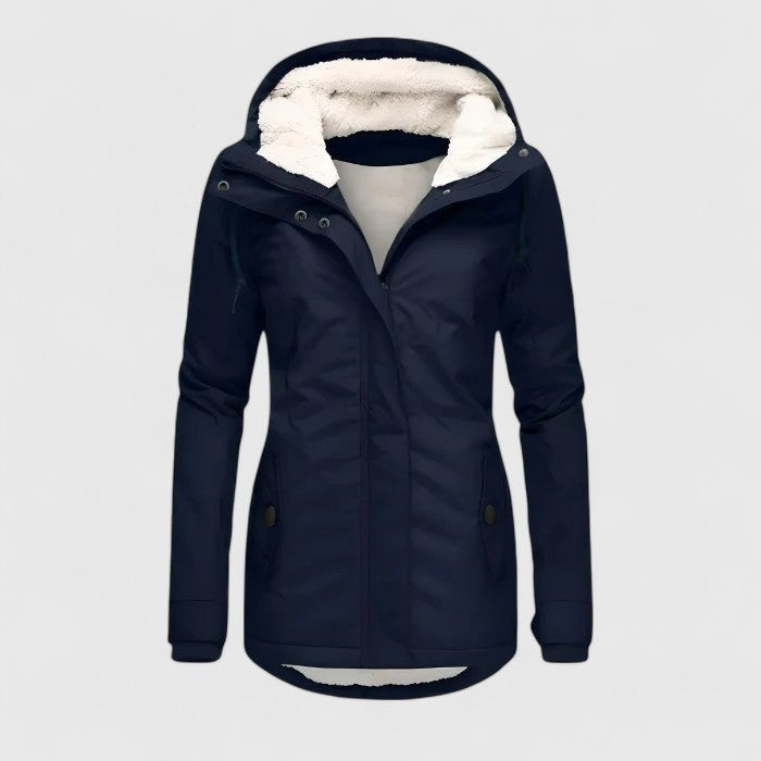 Dunkelblaue Damen Winterjacke mit Kunstfell-Kapuze und Stehkragen