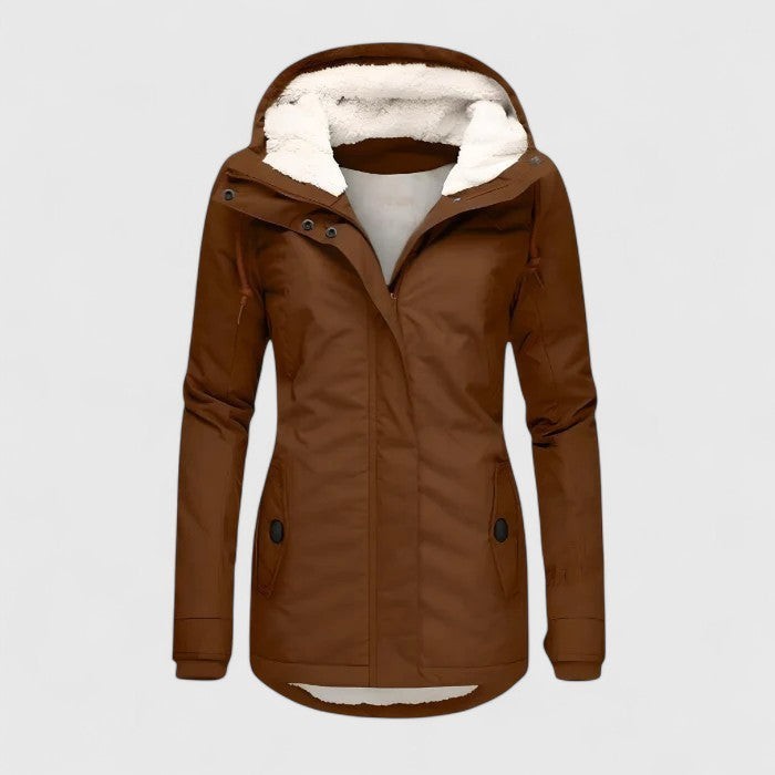 Braune Damen Winterjacke mit warmem Kunstfellfutter und Kapuze