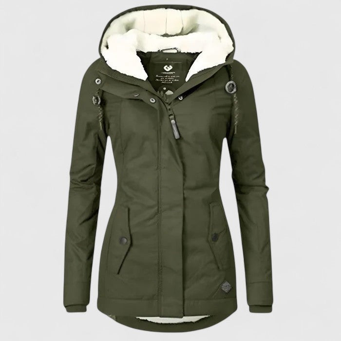 Olivgrüne Damen Winterjacke mit Kunstfellkapuze und Stehkragen