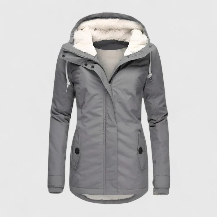 Graue Winterjacke mit Kunstfell-Kapuze und gefüttertem Innenfutter