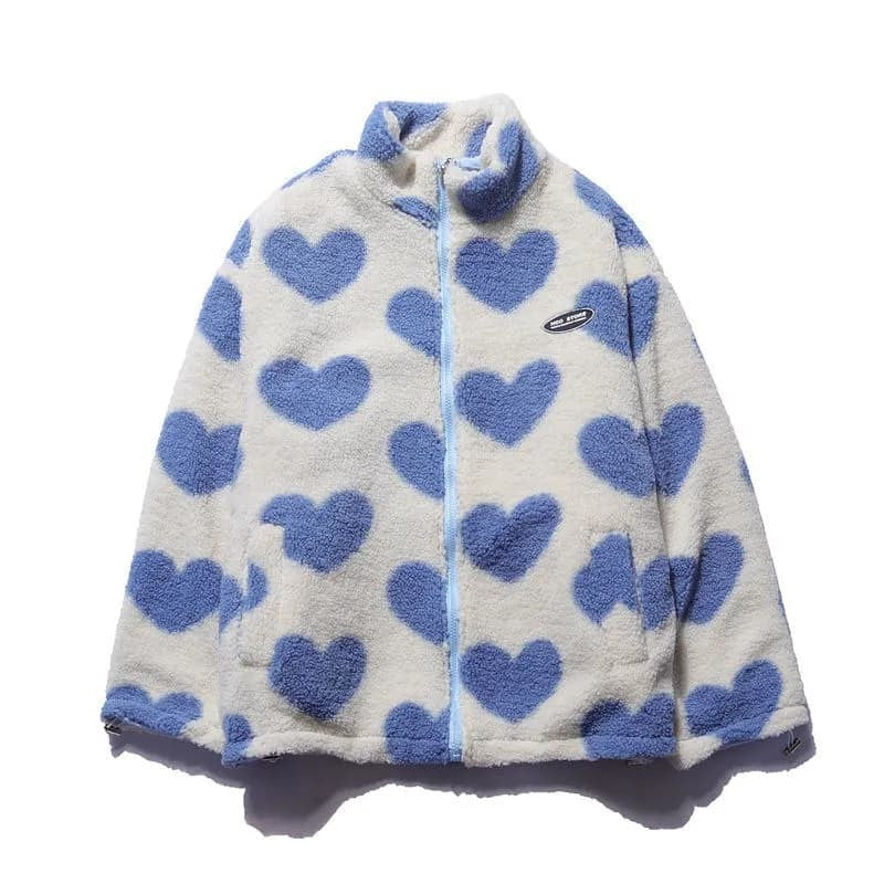 Teddyfleece-Jacke creme mit blauem Herzmuster und Stehkragen, Vorderansicht