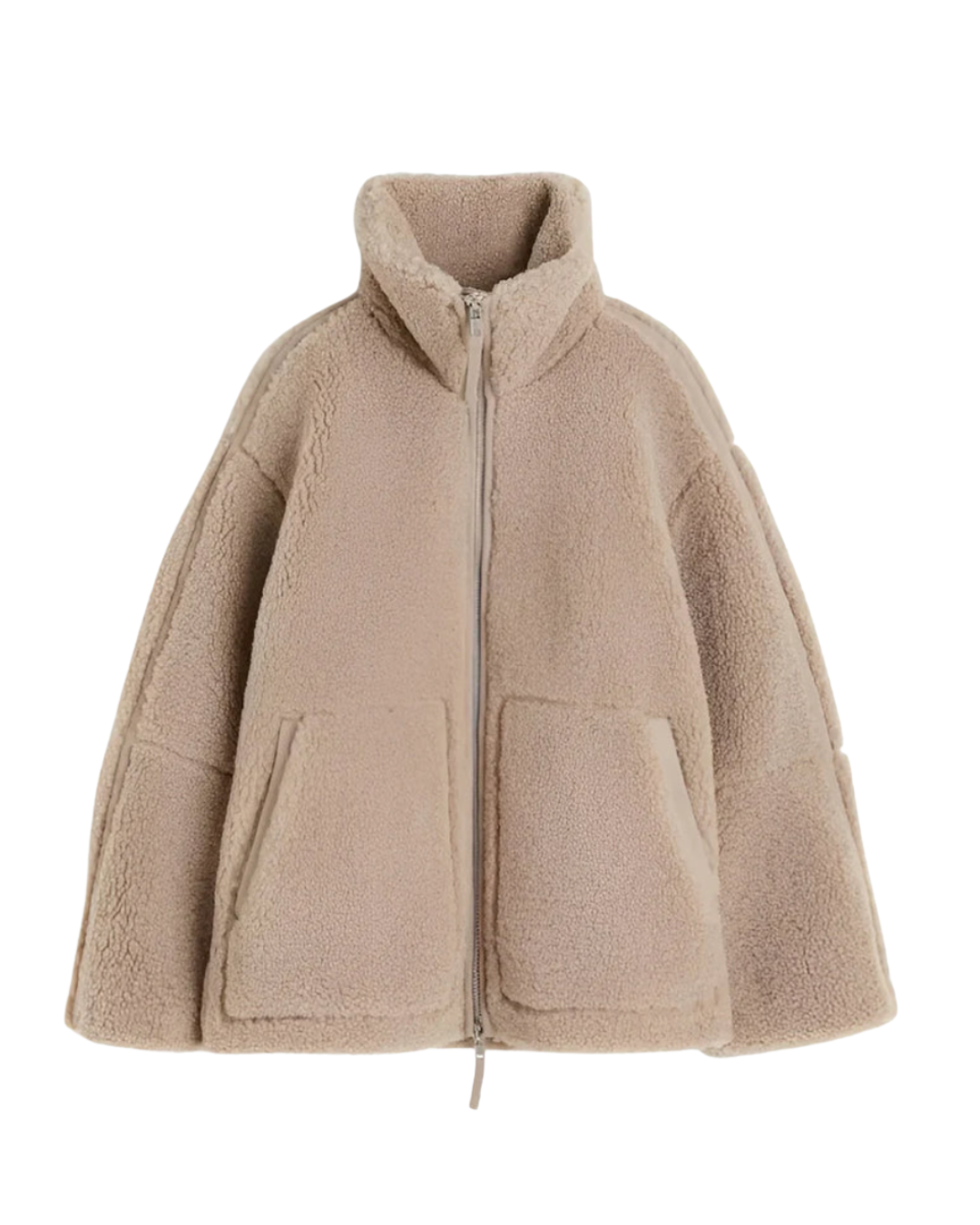 Oversized Teddyfleece-Jacke in Beige mit Stehkragen und aufgesetzten Taschen