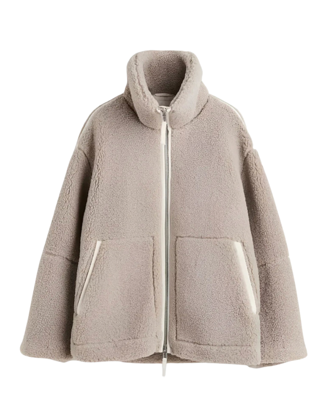 Taupefarbene Teddyfleece-Jacke mit hohem Kragen und kontrastfarbenem Reißverschluss