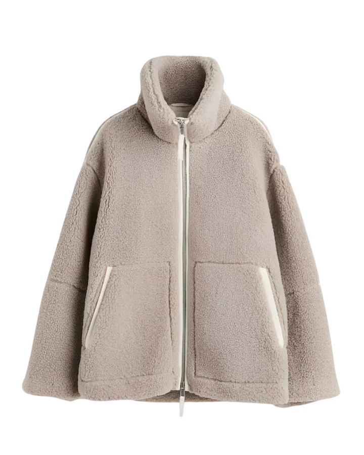 Taupefarbene Teddyfleece-Jacke mit hohem Kragen und kontrastfarbenem Reißverschluss