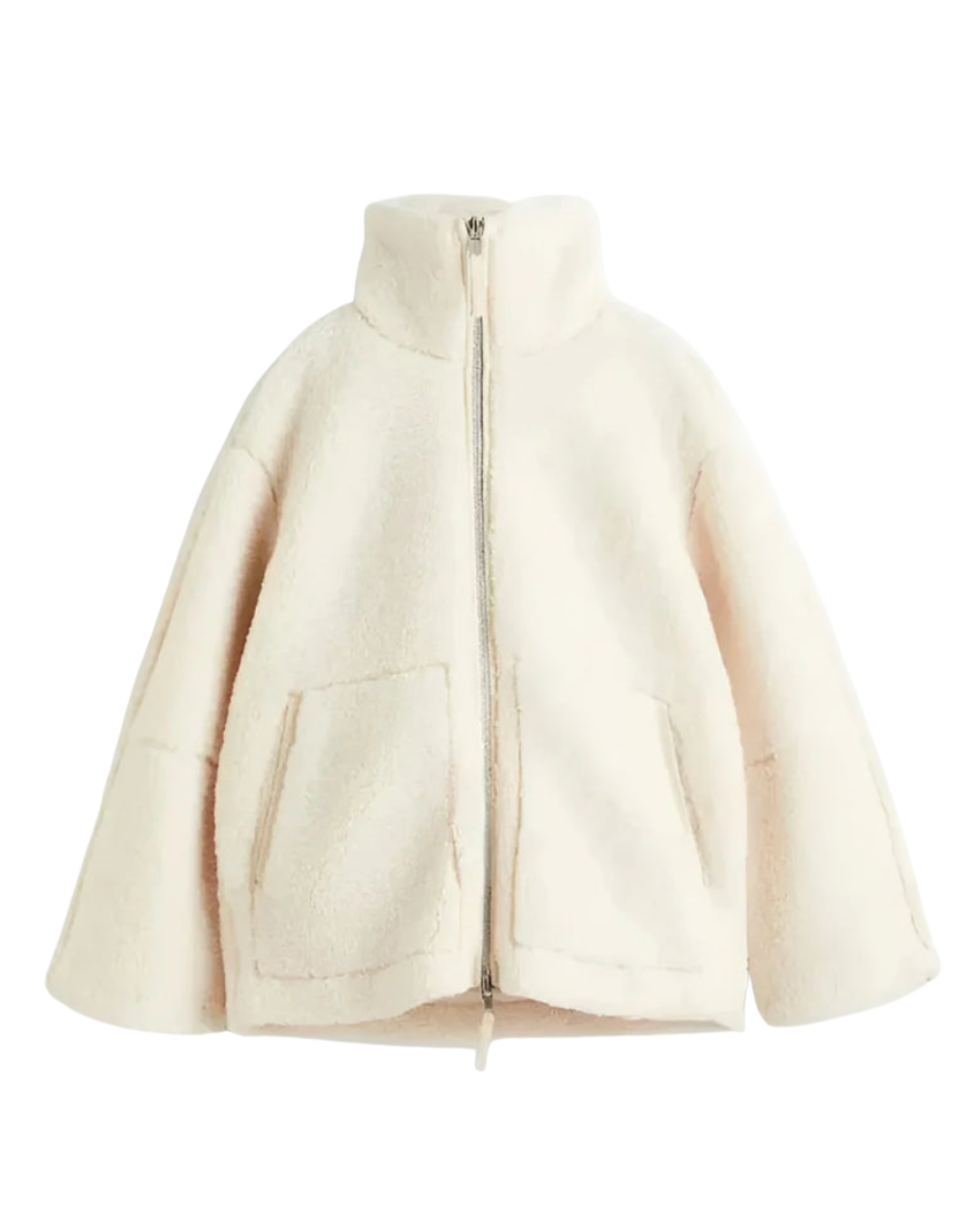 Cremeweiße Teddyfleece-Jacke mit Stehkragen und silbernem Reißverschluss