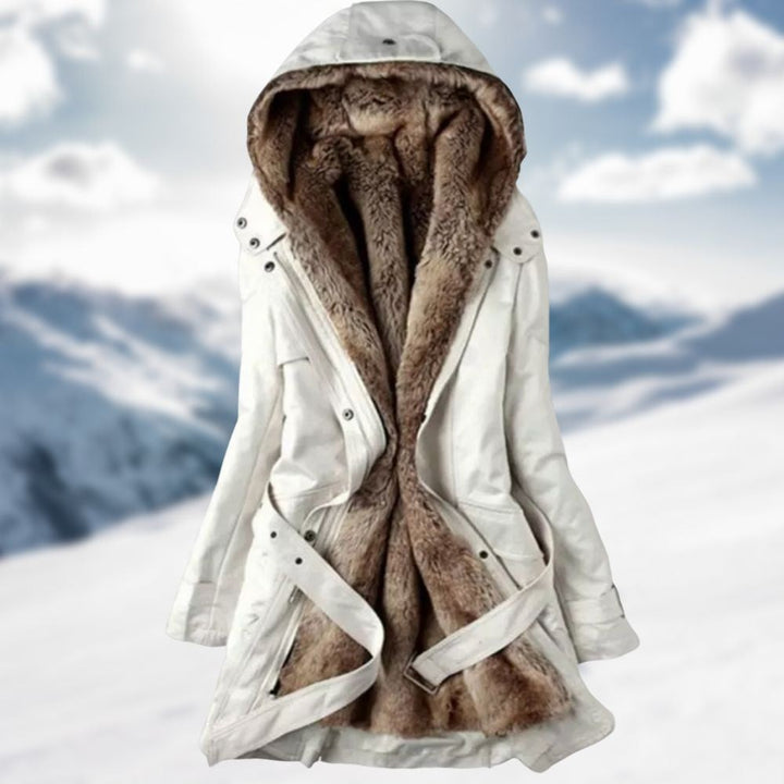 Weißer Damen-Parka mit Kapuze und flauschigem Kunstfellfutter im Innenraum