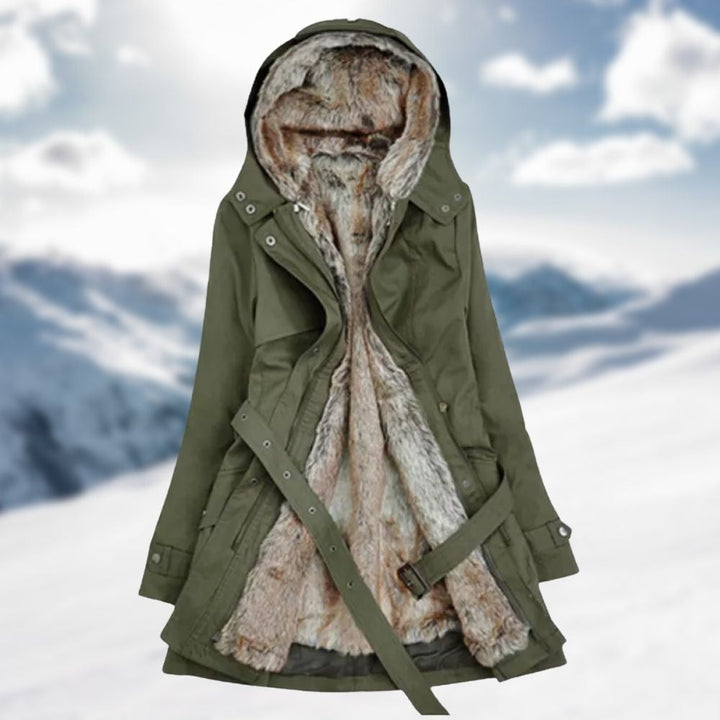 Olivgrüner Parka mit Kapuze, Taillengürtel und beigem Kunstfellfutter