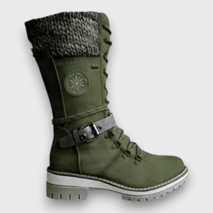Olivgrüner Damenstiefel mit Strickschaft, Schnürung und Schnalle seitlich
