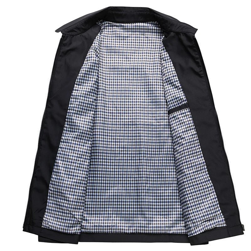 Schwarze Herren Übergangsjacke mit offenem Reißverschluss und kariertem Innenfutter