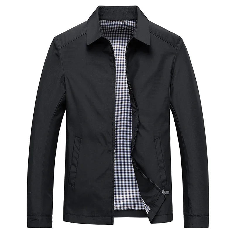 Schwarze Herren Übergangsjacke mit Hemdkragen und kariertem Futter, geöffnet