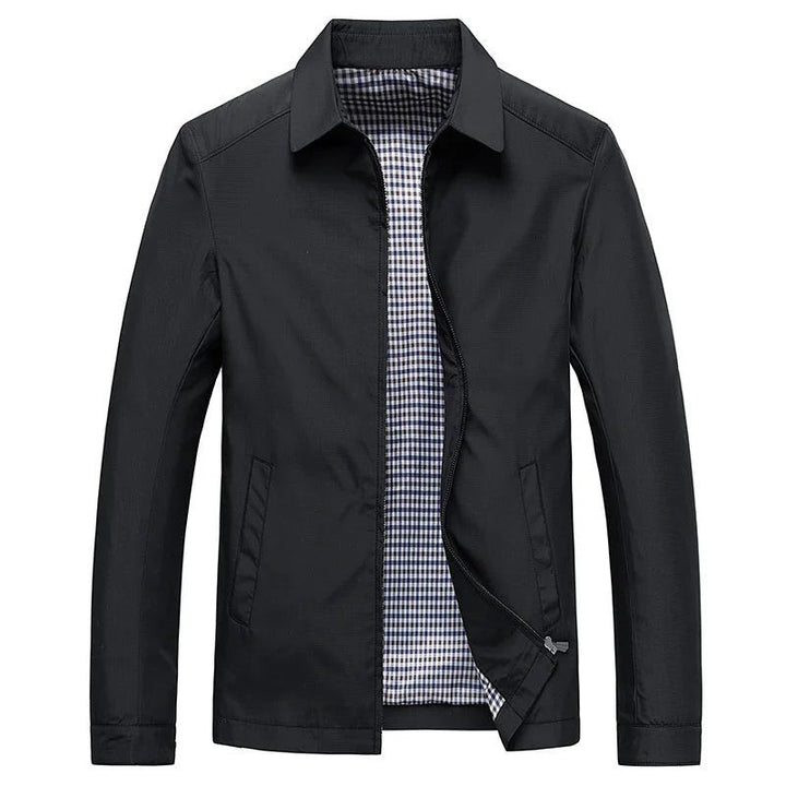 Schwarze Herren Übergangsjacke mit Hemdkragen und kariertem Futter, geöffnet