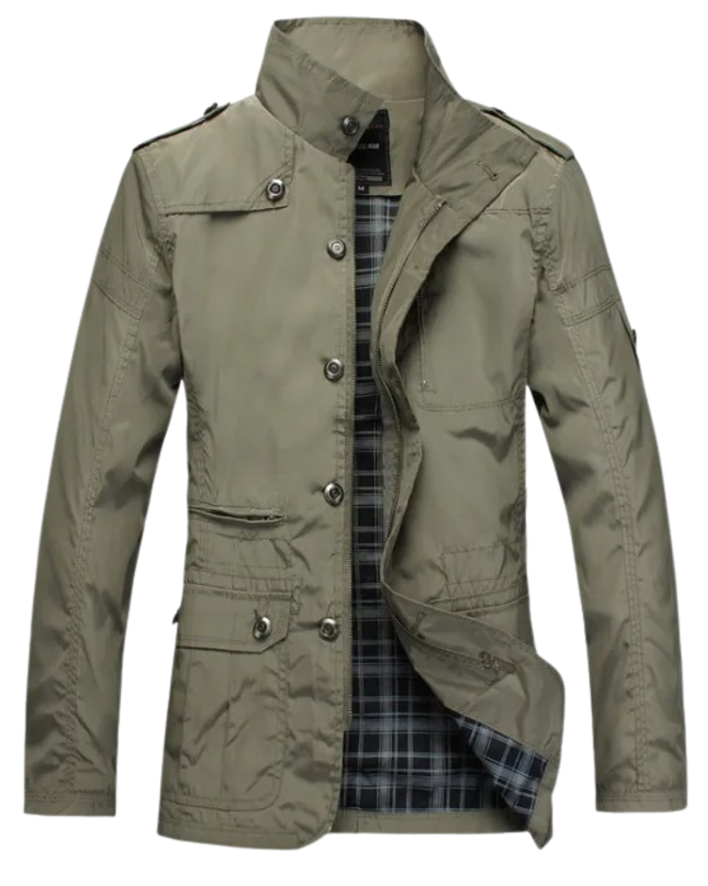 Herrenjacke in Khaki mit Stehkragen und kariertem Innenfutter, geöffnet