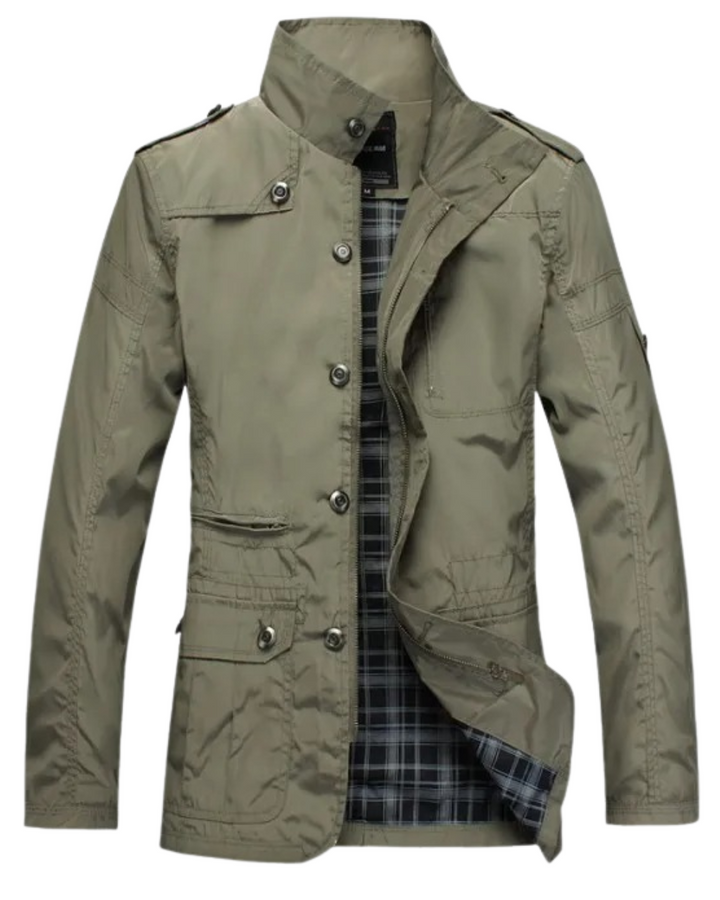 Herrenjacke in Khaki mit Stehkragen und kariertem Innenfutter, geöffnet