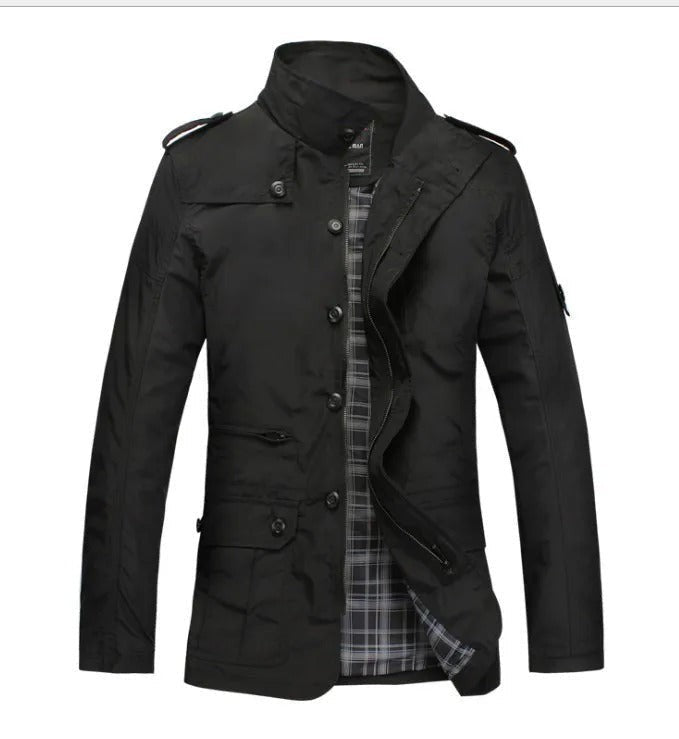 Schwarze Übergangsjacke mit Stehkragen und Schulterklappen für Herren