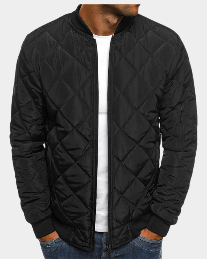 Schwarze Herren Bomberjacke mit Rautenmuster und Ärmeltasche