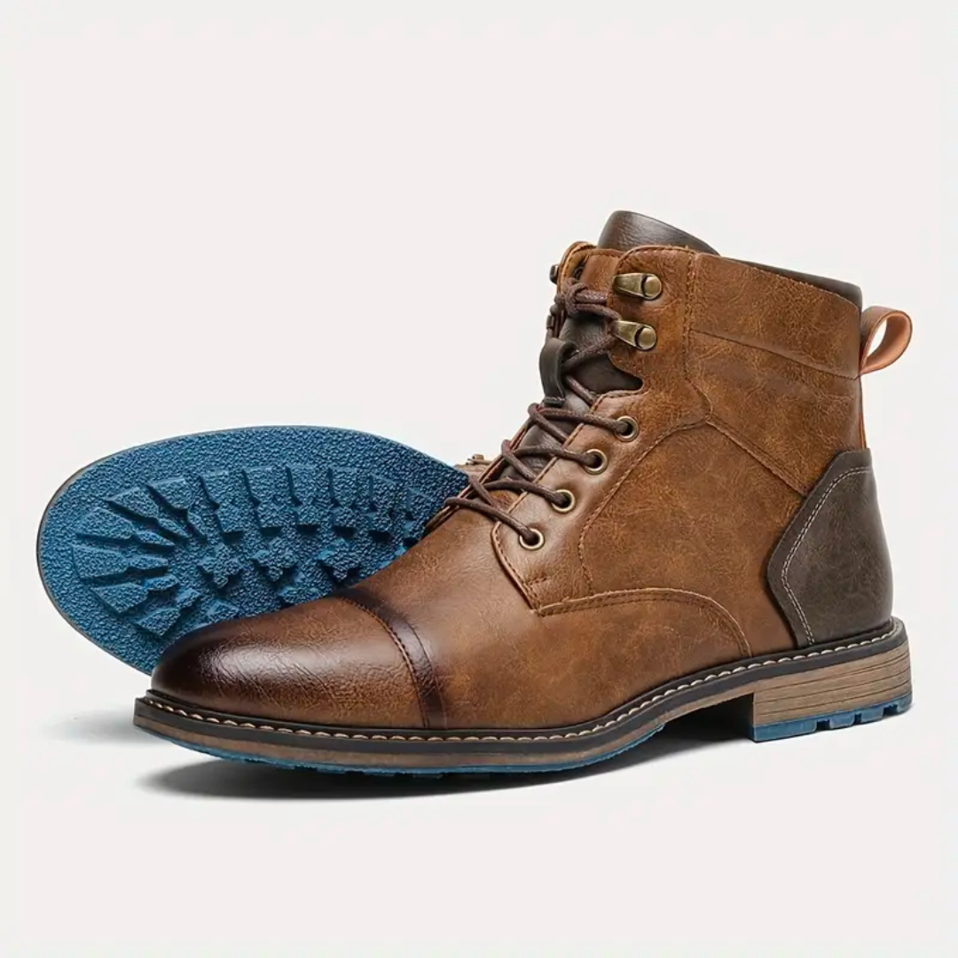 Braune Lederstiefelette für Herren mit blauer Profilsohle und Schnürverschluss